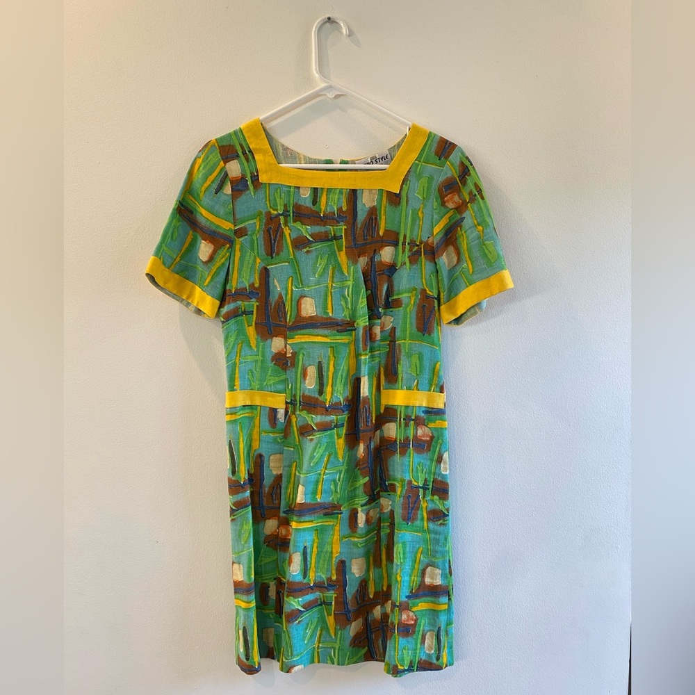 Artistic Green and Yellow Linen Dress